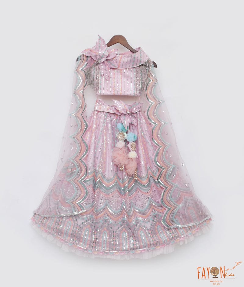 PINK SEQUENCE EMBROIDERY CROP TOP SKIRT