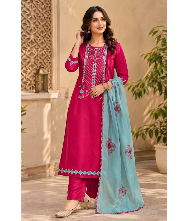 Pink and Teal Pure Chanderi Applique Work Suit Set - Full Length View
