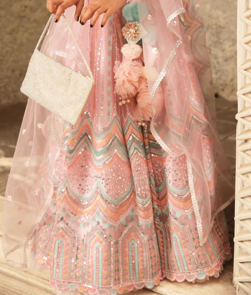 PINK SEQUENCE EMBROIDERY CROP TOP SKIRT