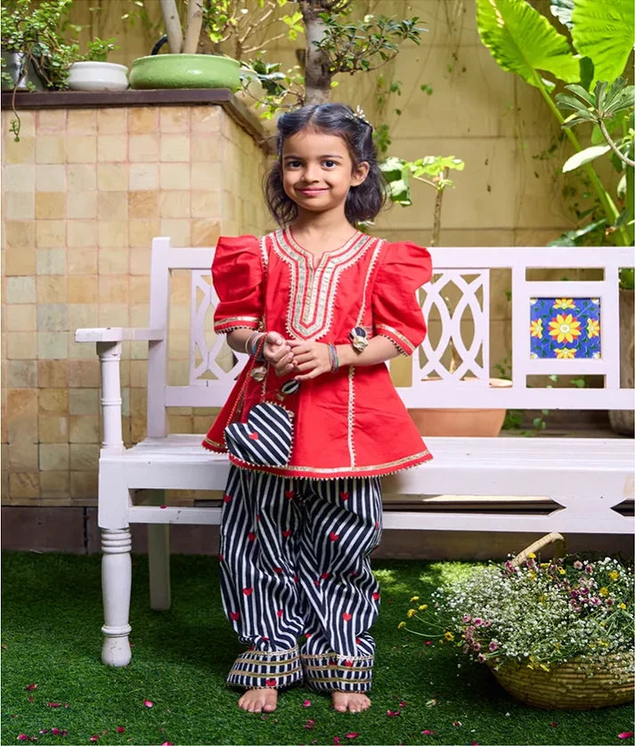 Red Kurti with Heart Printed Farshi Salwar