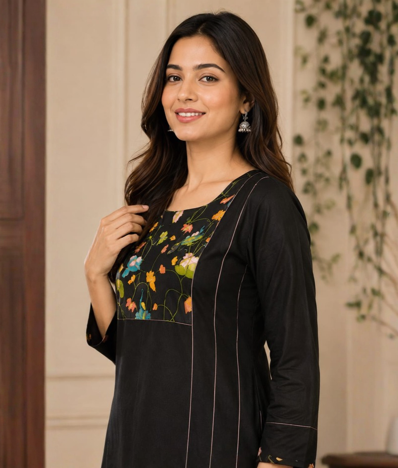 Black Chanderi Silk Yoke Printed & Thread Work Suit