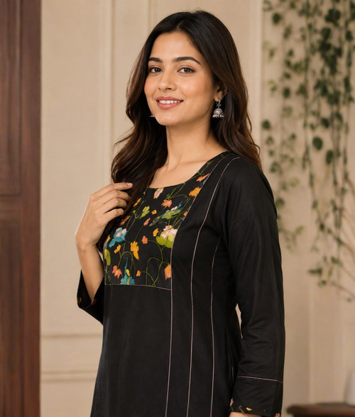 Black Chanderi Silk Yoke Printed & Thread Work Suit