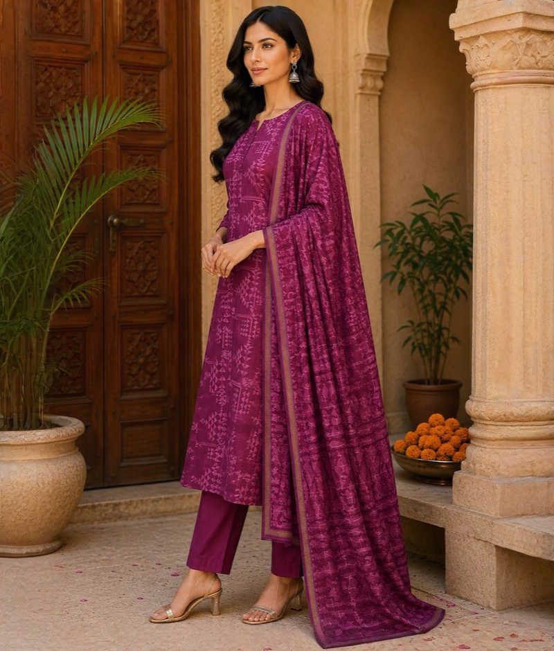 Purple Chanderi Silk Printed Suit with Chanderi Silk Dupatta