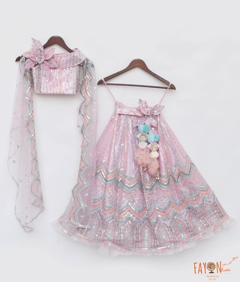 PINK SEQUENCE EMBROIDERY CROP TOP SKIRT