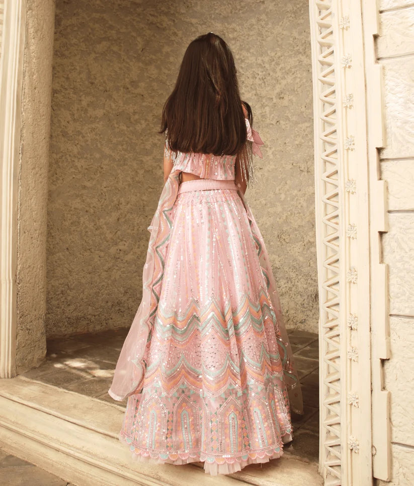 PINK SEQUENCE EMBROIDERY CROP TOP SKIRT
