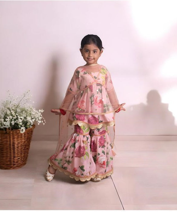 Pink Floral Designer Sharara Set for Girls | Festive & Party Wear
