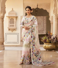 Off white pure organza saree with colorful floral print, katdana, resham and sequence work