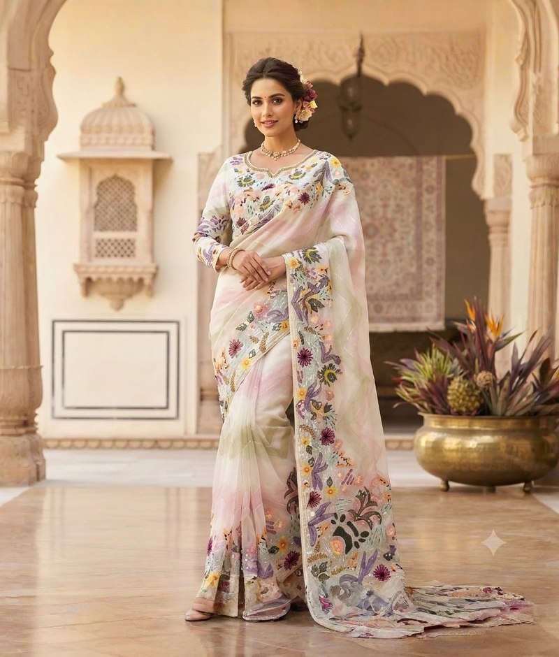 Off white pure organza saree with colorful floral print, katdana, resham and sequence work