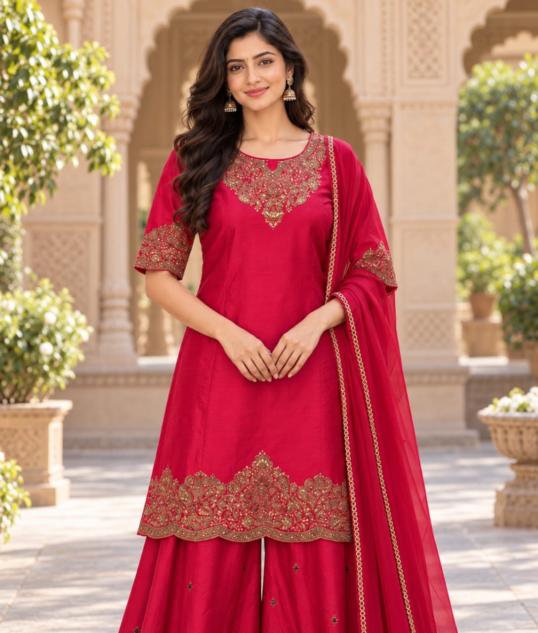 Red Chanderi Silk Palazzo Set with Zardozi Work & Chanderi Silk Dupatta