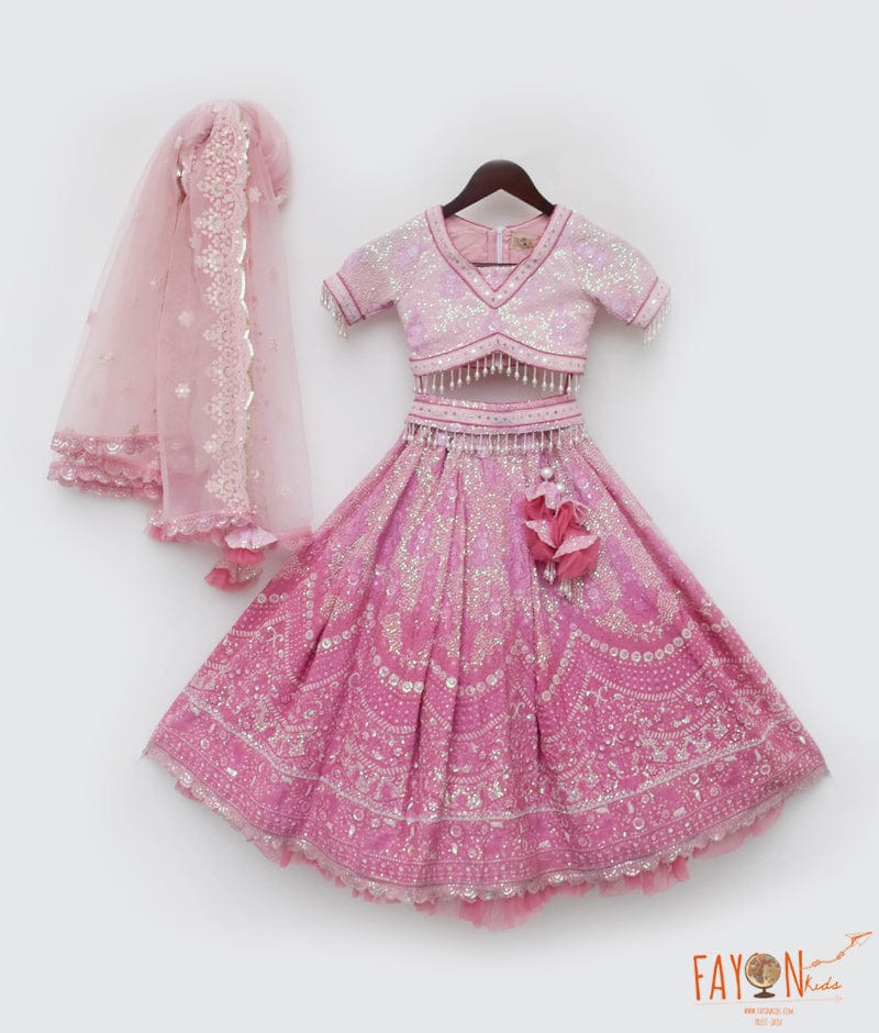 PINK THREAD WORK LEHENGA FOR GIRLS