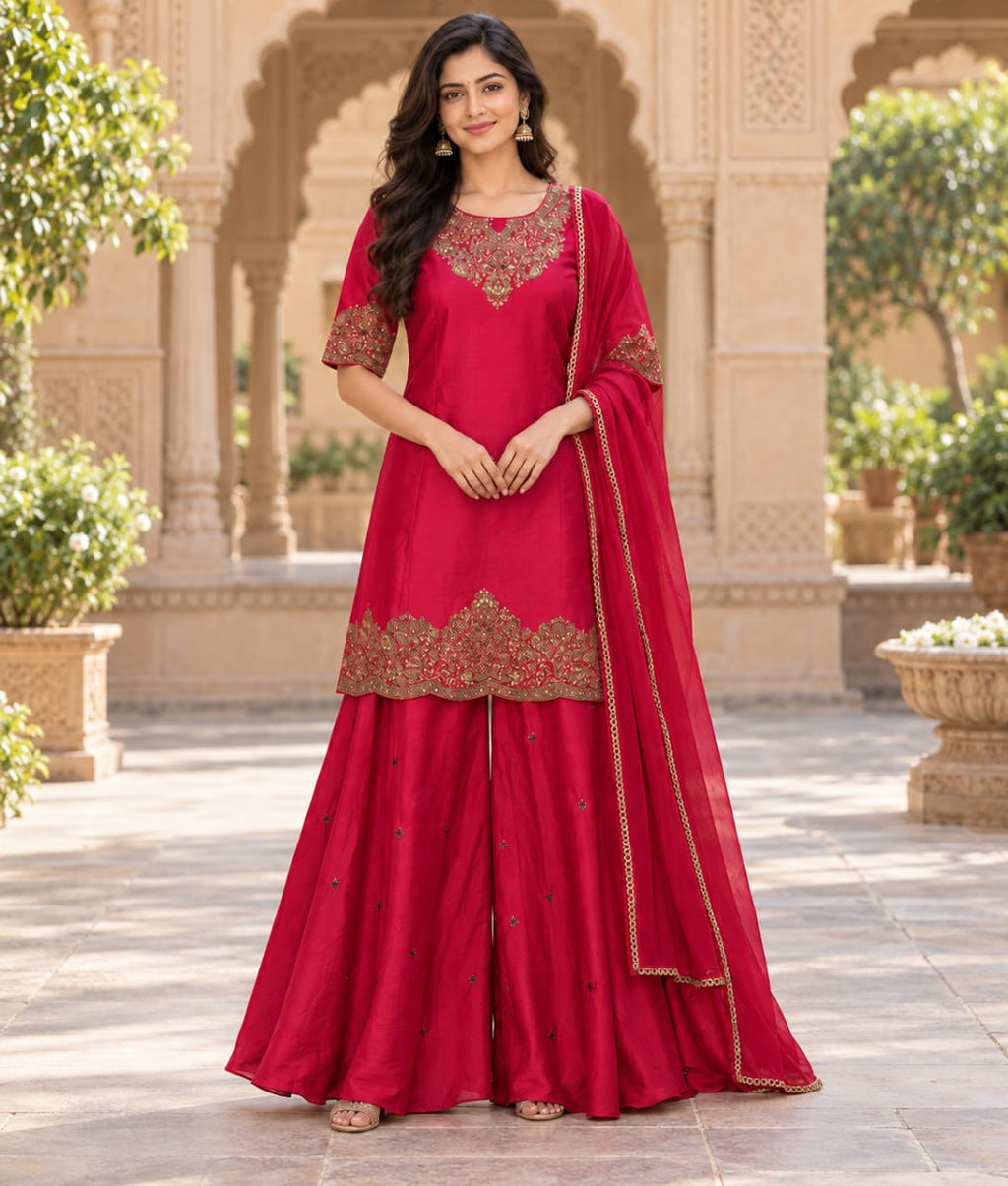 Red Chanderi Silk Palazzo Set with Zardozi Work & Chanderi Silk Dupatta