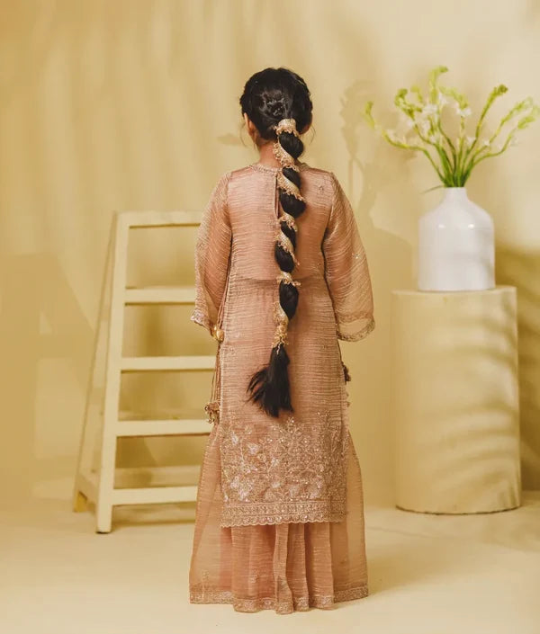 Peach Tissue Embroidered Long Kurti with Sharara