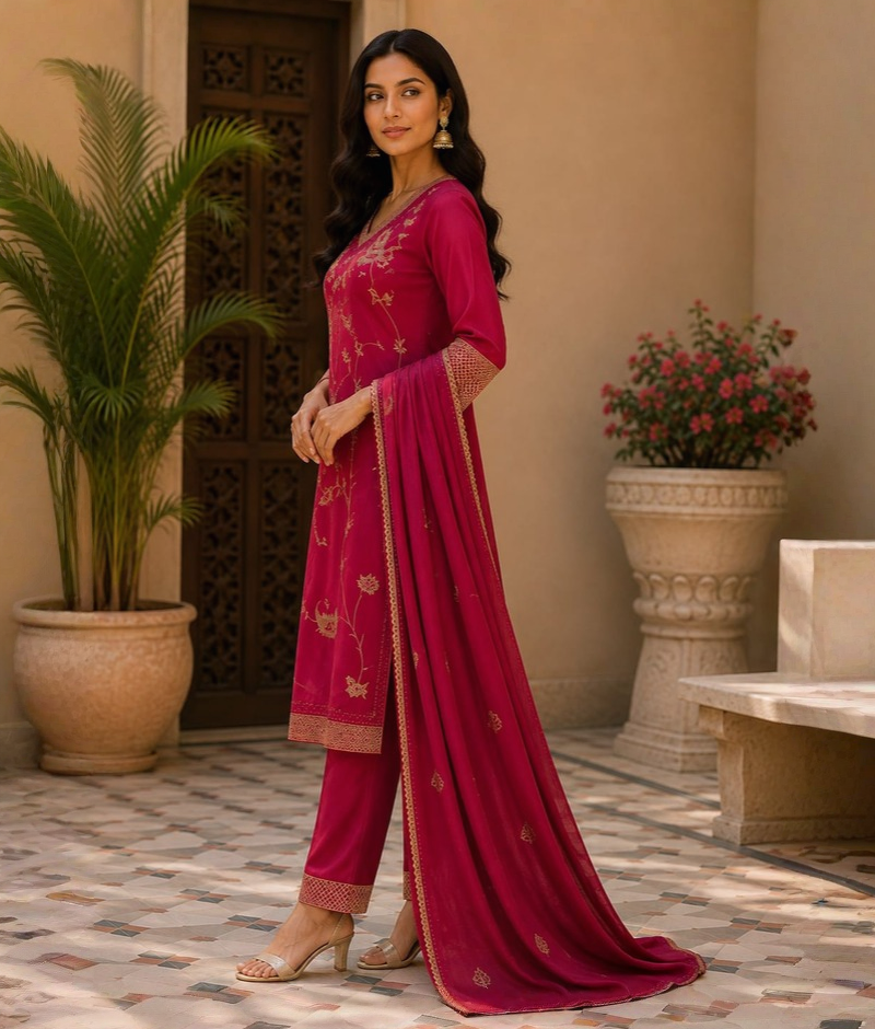 Pink Chanderi Silk Suit with Zardozi Work & Organza Dupatta