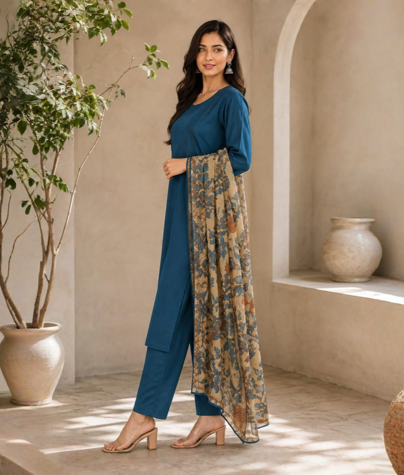 Mor Pankhi Pure Chanderi Silk Thread Work Suit with Mull Cotton Dupatta – XL