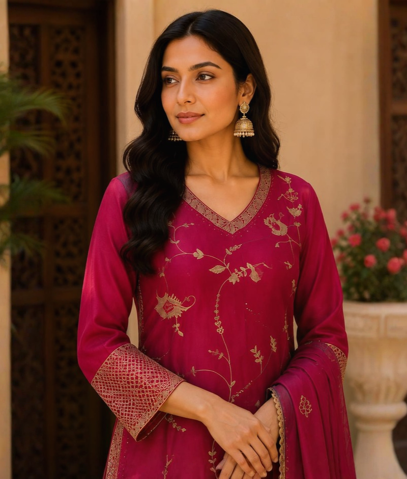 Pink Chanderi Silk Suit with Zardozi Work & Organza Dupatta