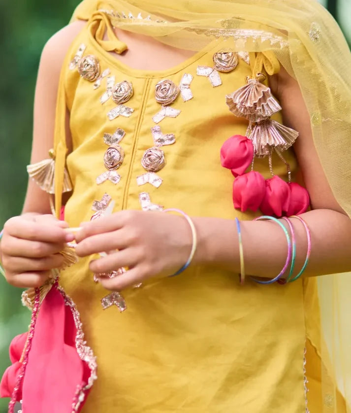 Yellow Gota Rose Kurti with Farshi Salwar