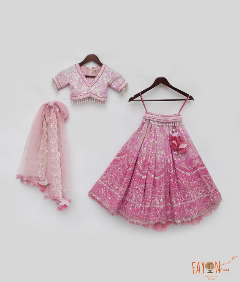 PINK THREAD WORK LEHENGA FOR GIRLS