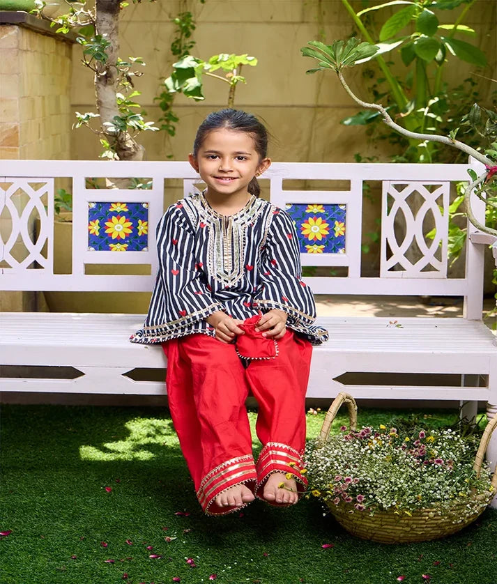 Heart & Stripe Printed Kurti with Red Farshi Salwar