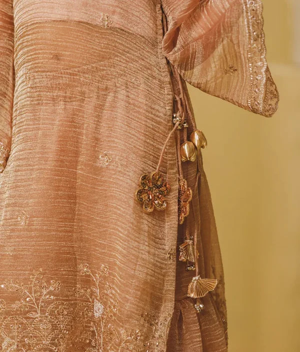 Peach Tissue Embroidered Long Kurti with Sharara