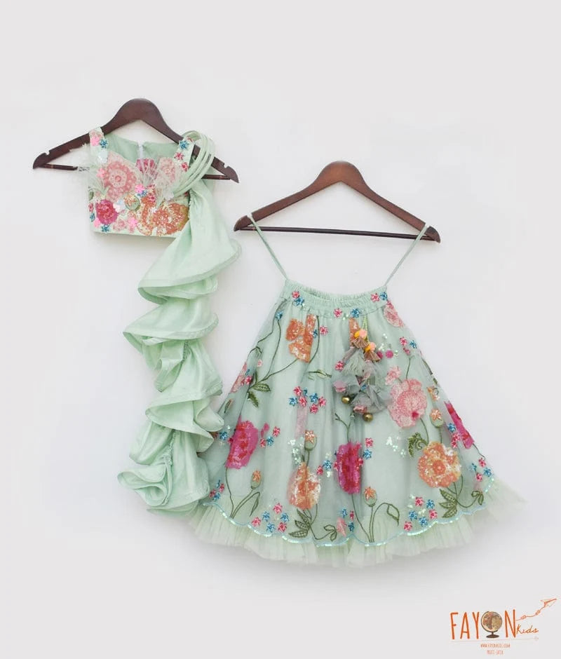 GREEN EMBROIDERED CROP TOP SKIRT