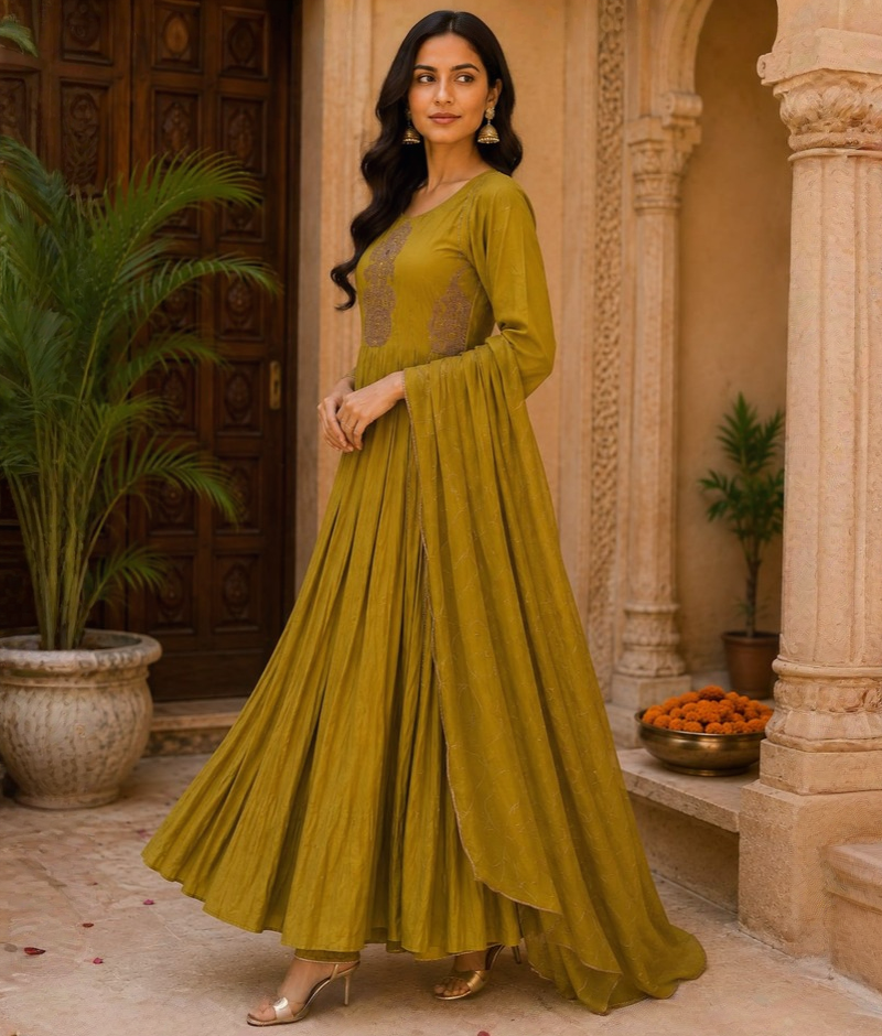Green Chanderi Silk Anarkali with Antique Zari & Zardozi Work & Chanderi Silk Dupatta