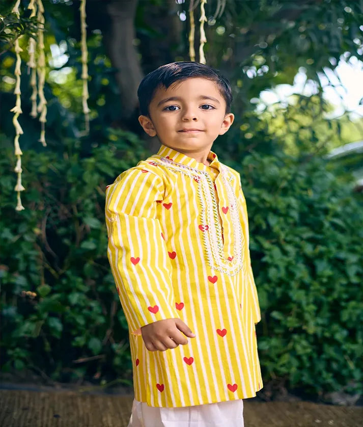 Yellow Heart & Stripe Printed Kurta with Salwar