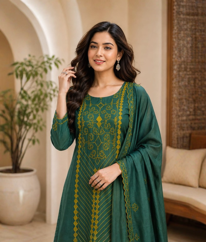 Green Chanderi Silk Applique & Thread Work Suit with Mull Cotton Dupatta – 5XL