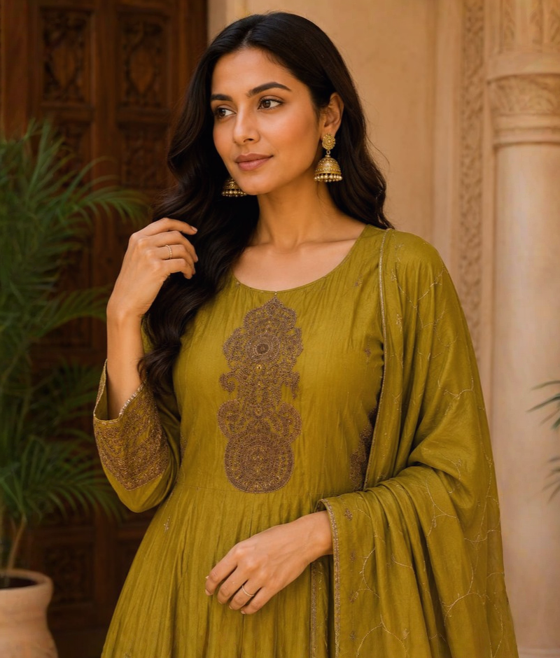 Green Chanderi Silk Anarkali with Antique Zari & Zardozi Work & Chanderi Silk Dupatta