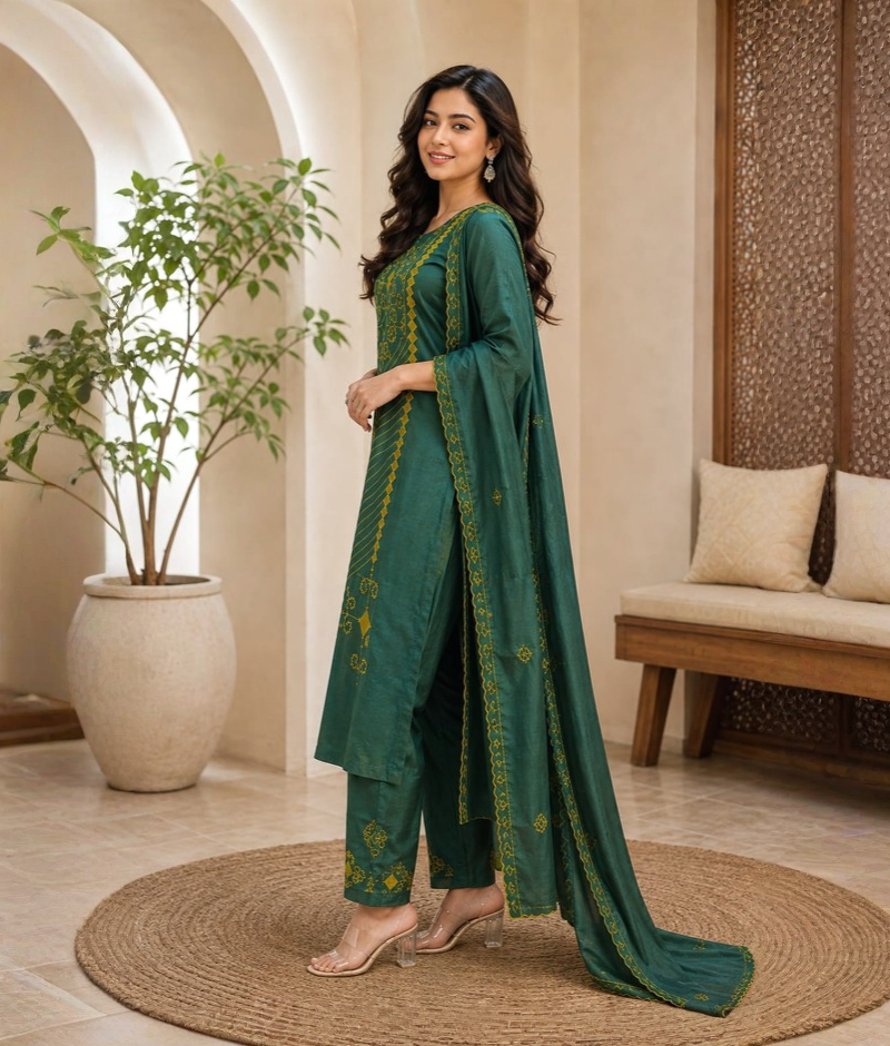 Green Chanderi Silk Applique & Thread Work Suit with Mull Cotton Dupatta – 5XL