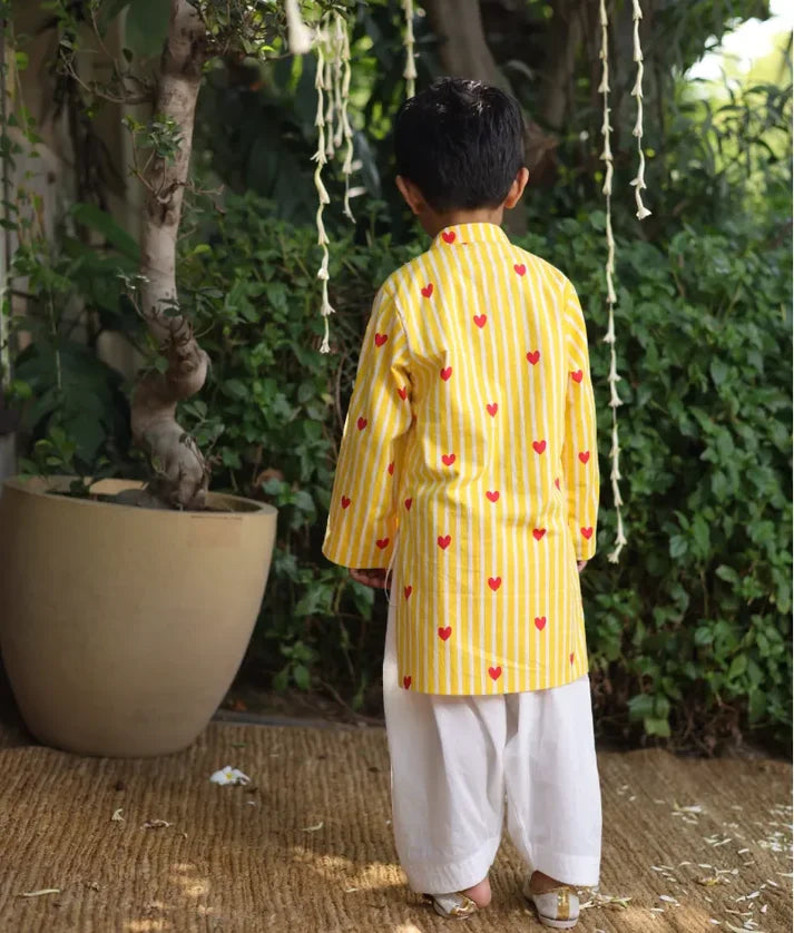 Yellow Heart & Stripe Printed Kurta with Salwar
