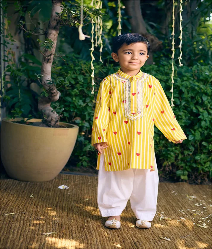 Yellow Heart & Stripe Printed Kurta with Salwar