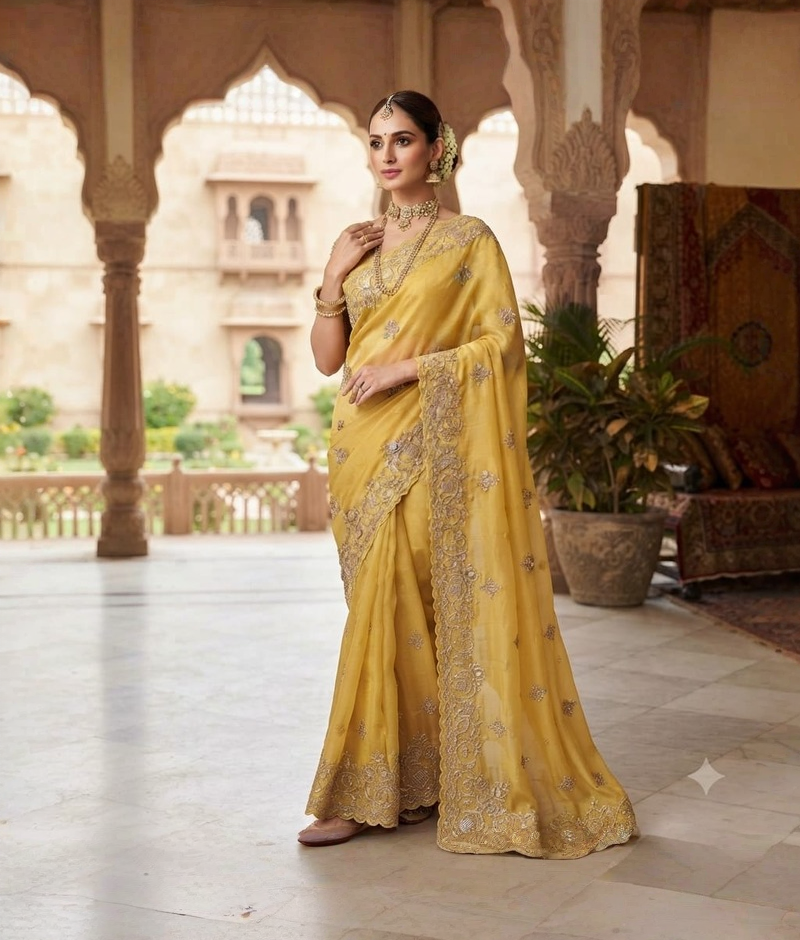 Lemon yellow pure organza saree with zardozi, moti and sequence work