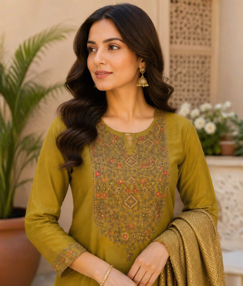 Green Chanderi Silk Plazo Set with Zardozi & Thread Work & Chanderi Silk Dupatta