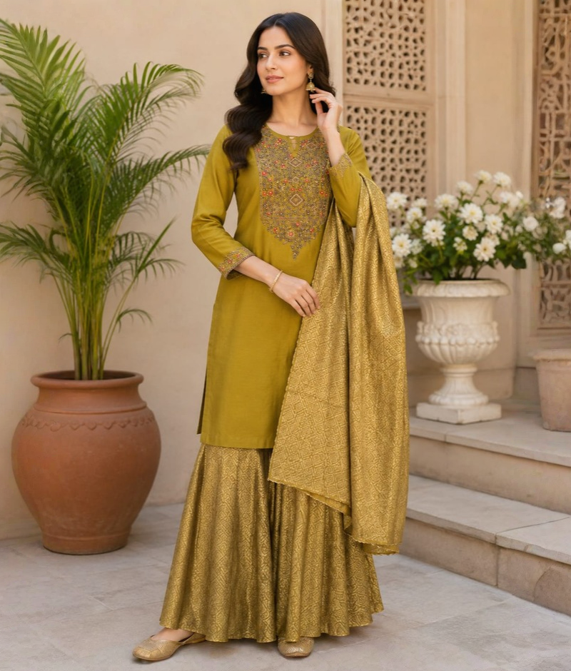 Green Chanderi Silk Plazo Set with Zardozi & Thread Work & Chanderi Silk Dupatta