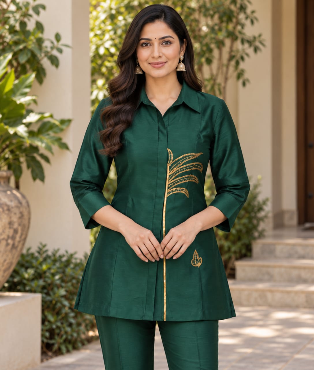 Bottle Green Chanderi Silk Co-ord Set with Zari & Sequin Work
