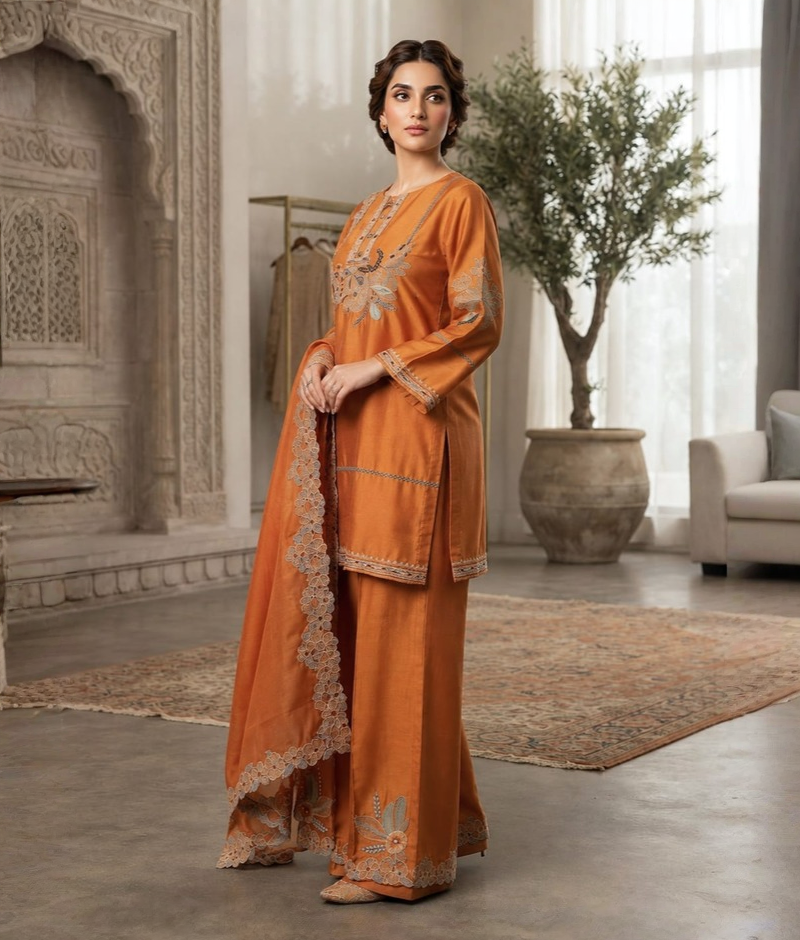 Orange Chanderi Silk Thread Work Suit with Mull Cotton Dupatta – 5XL