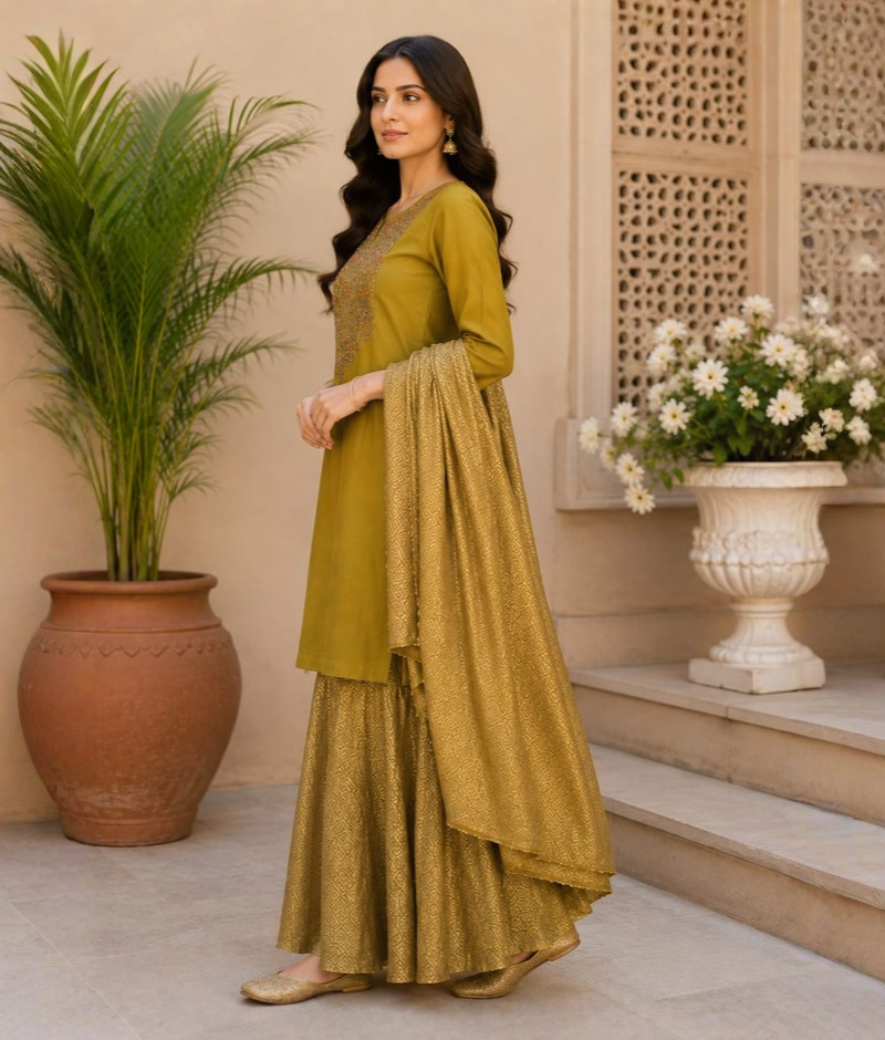 Green Chanderi Silk Plazo Set with Zardozi & Thread Work & Chanderi Silk Dupatta