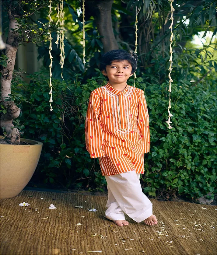 Orange Heart & Stripe Printed Kurta with Salwar