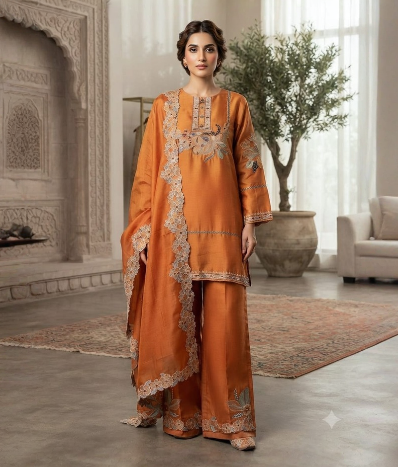 Orange Chanderi Silk Thread Work Suit with Mull Cotton Dupatta – 5XL