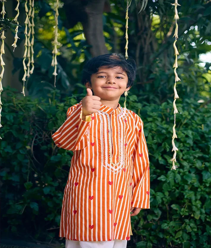 Orange Heart & Stripe Printed Kurta with Salwar