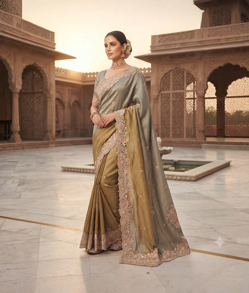 Grey and golden shaded tissue silk saree with zardozi and sequence work
