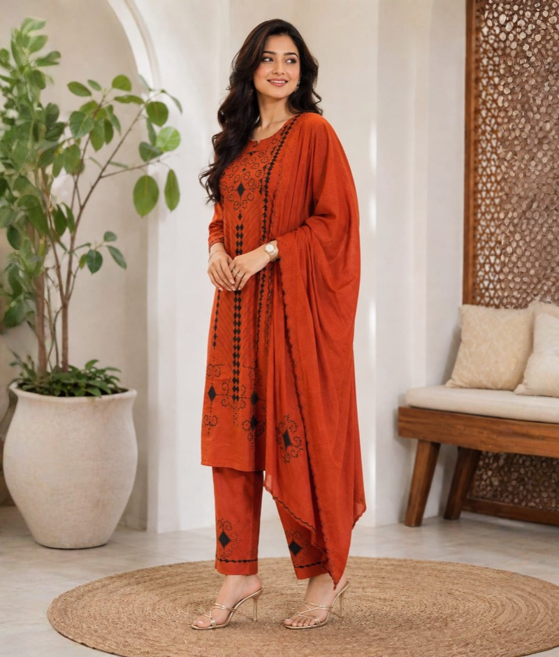Orange Chanderi Silk Thread Work Suit with Mull Cotton Dupatta – 5XL