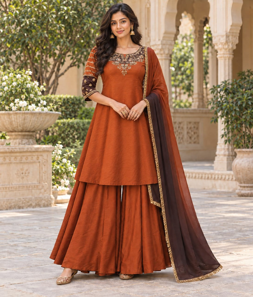 Orange Chanderi Silk Palazzo Set with Zardozi Work & Organza Dupatta