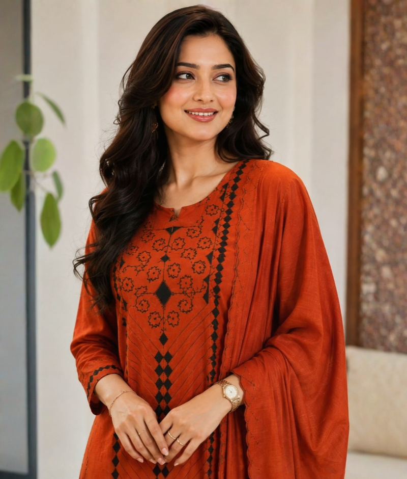 Orange Chanderi Silk Thread Work Suit with Mull Cotton Dupatta – 5XL