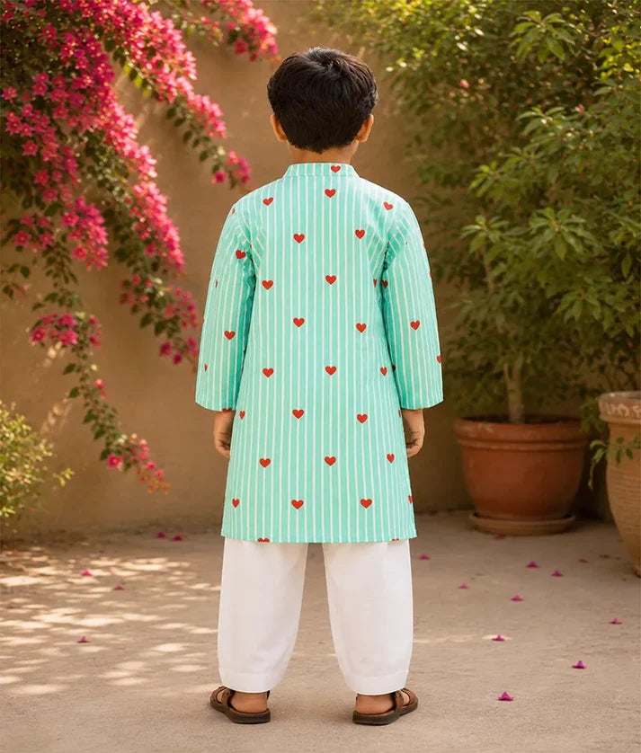 Green Heart & Stripe Printed Kurta with Salwar