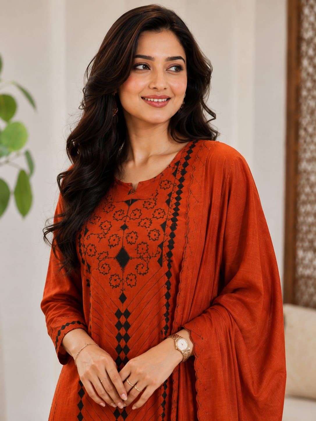 Orange Pure Chanderi Applique Work Suit Set