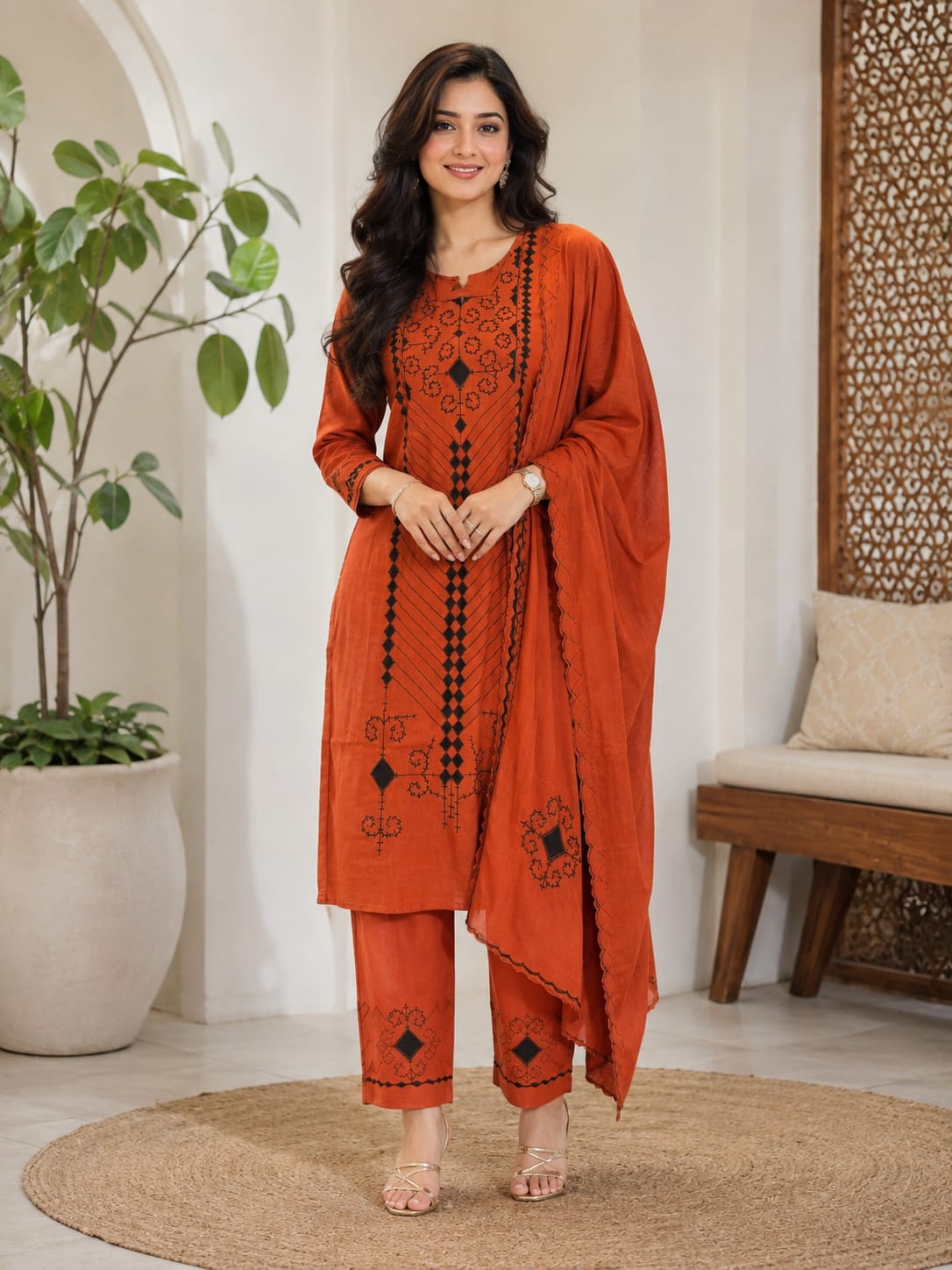 Orange Pure Chanderi Applique Work Suit Set