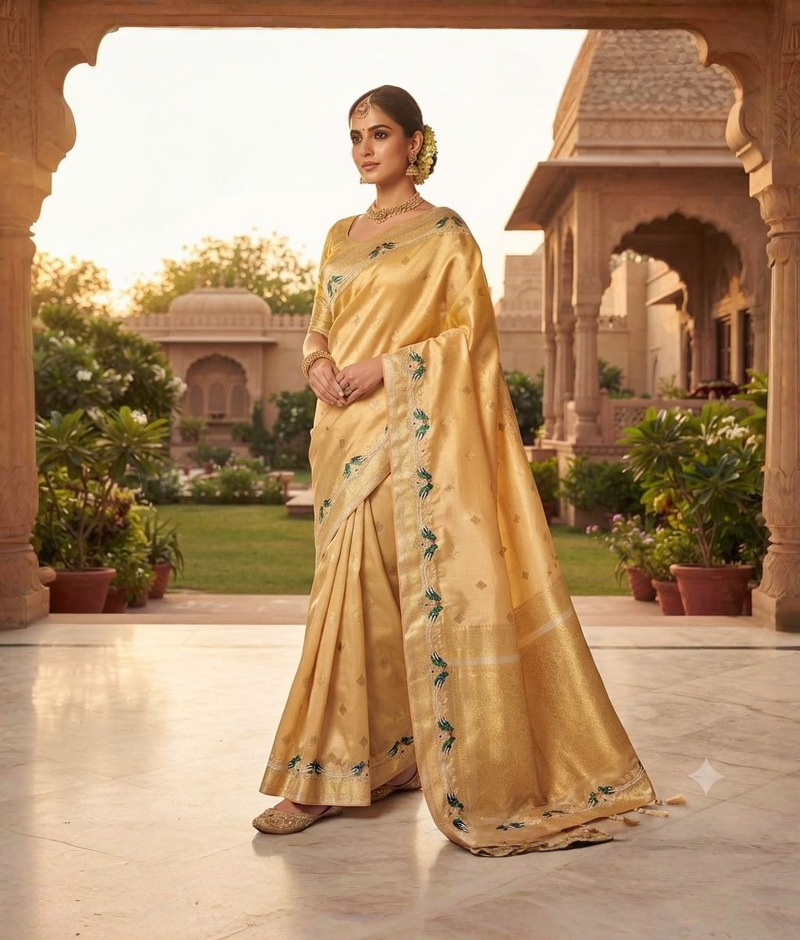 Golden tissue organza saree with green parrot printed motifs and zardozi buti work