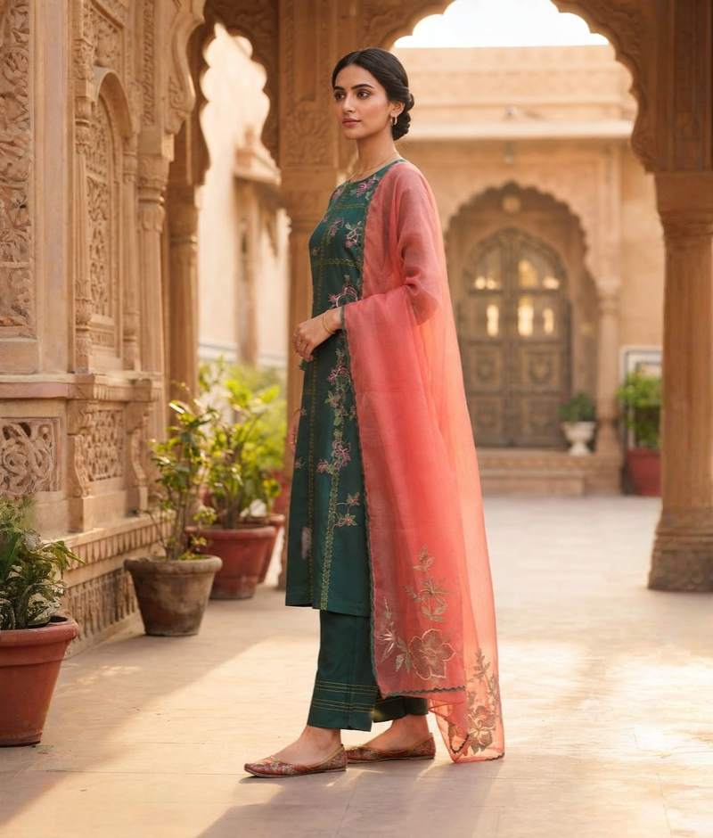 Dark Green Chanderi Silk Resham Work Suit with Organza Dupatta – 5XL