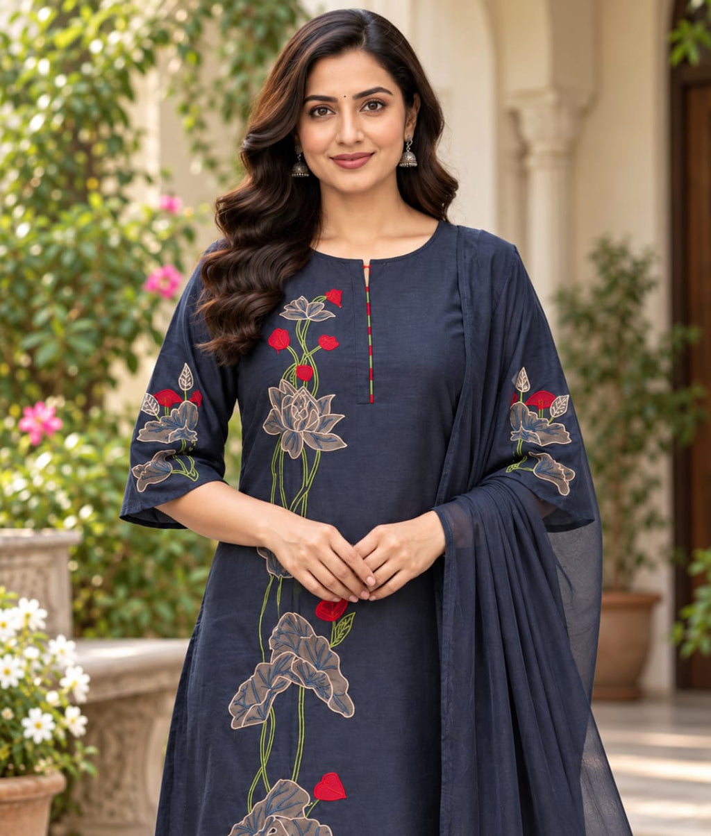 Royal Blue Chanderi Silk Suit with Floral Applique Work & Organza Dupatta